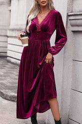 Lace Paneled Buttoned High Waist Pleated Velvet Dress